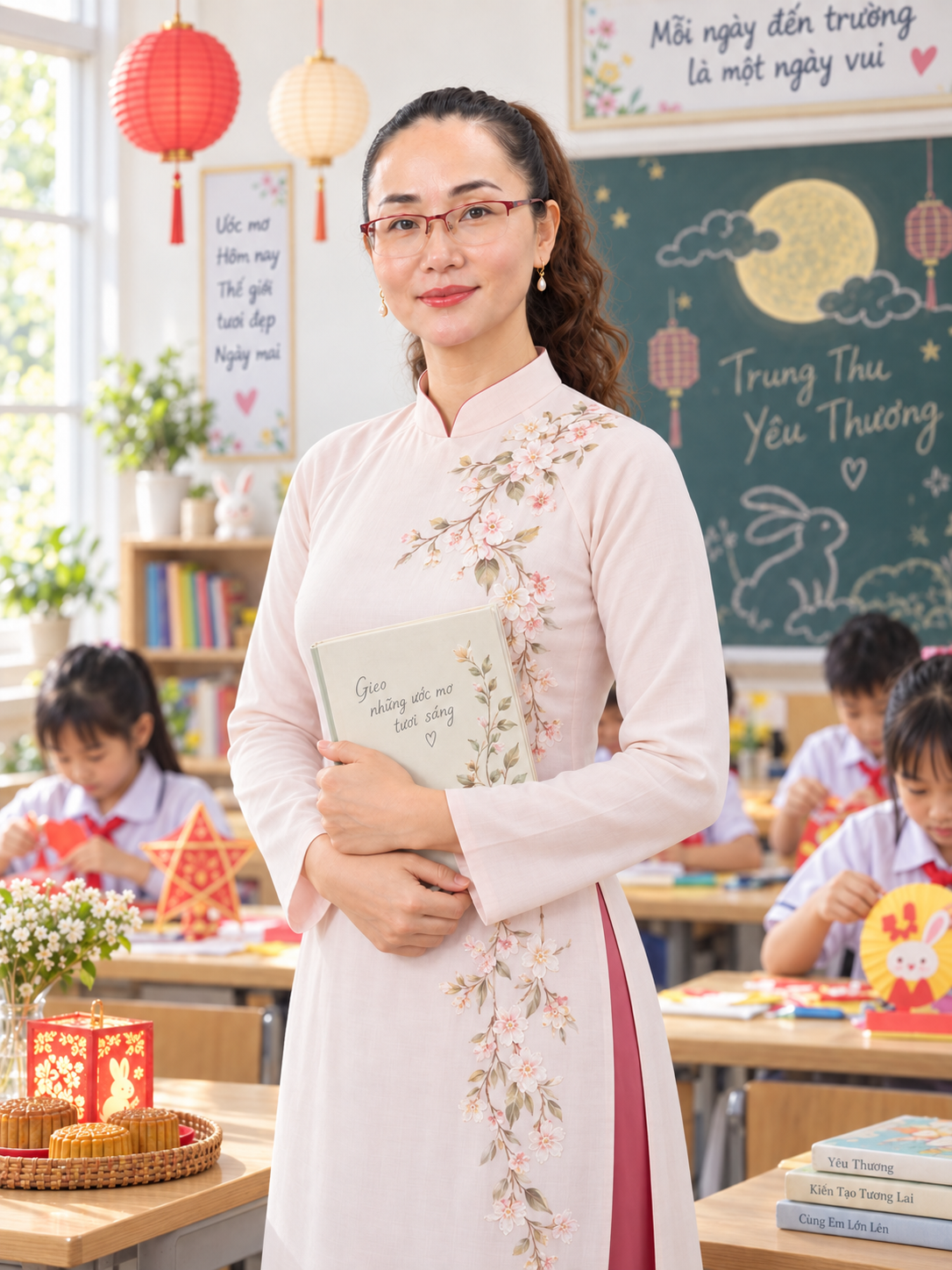 Cô Trương Thị Ngọc Duyên trong lớp học trang trí Trung Thu